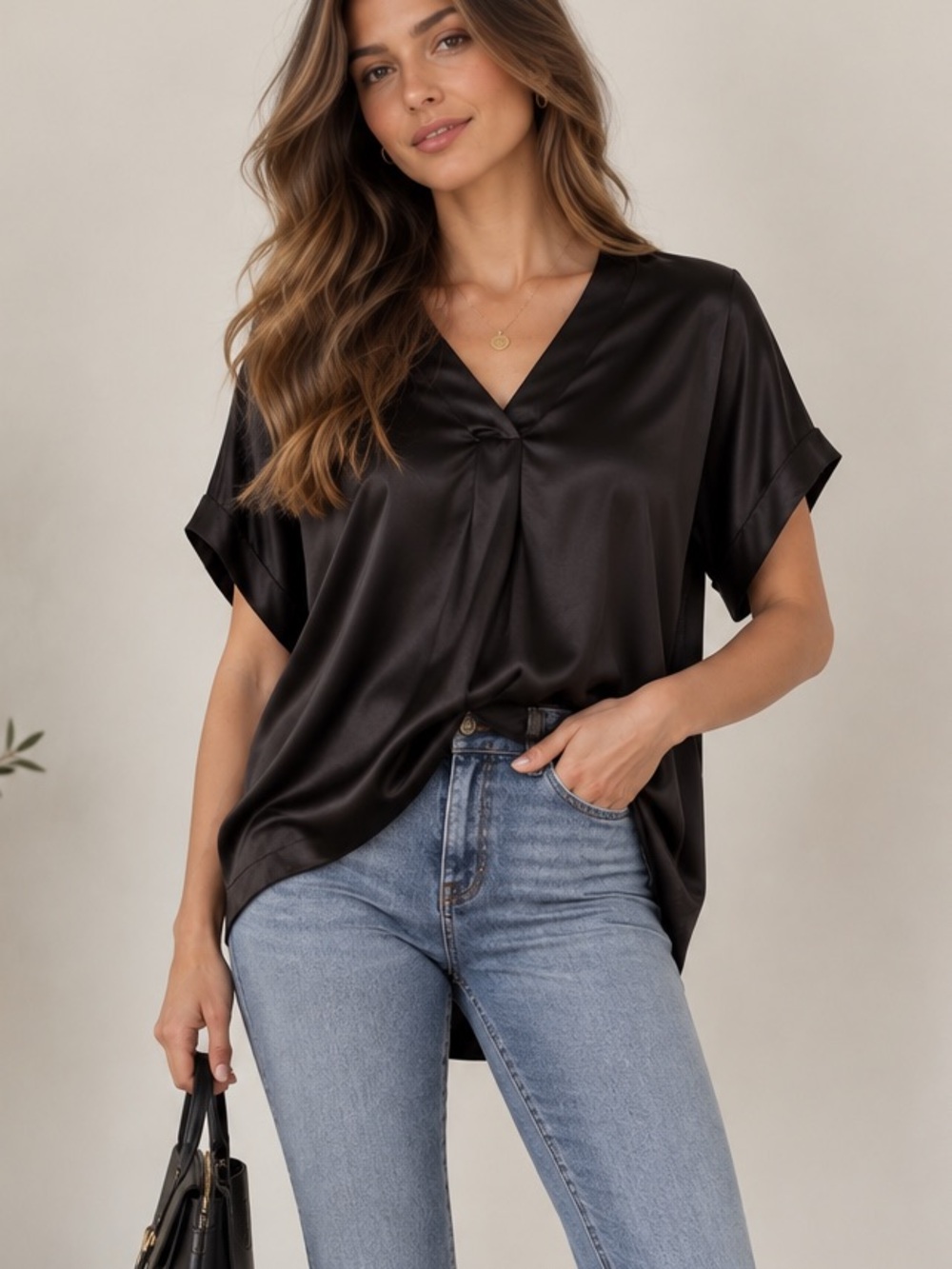 NWOT Nicole Miller New York Black Satin V-Neck Blouse Top | Size M